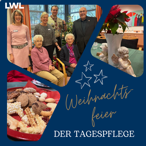 Bilder einer Gruppe an Menschen, Plätzchen und dem Friedenslicht, darüber der Text "Weihnachtsfeier in der Tagespflege".