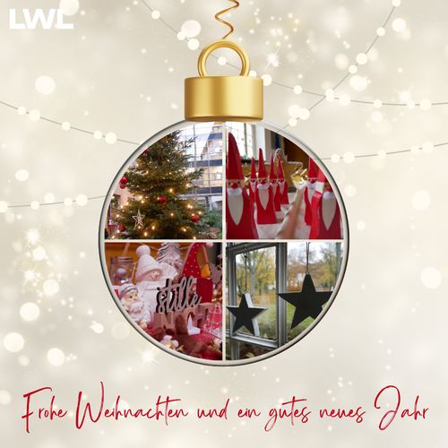 Abbildung einer Weihnachtskugel, darüber der Text "Frohe Weihnachten und ein gutes neues Jahr".